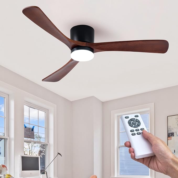 52" Flush Mount Ceiling Fan with Lights Remote Control, 3 Blades Wood Ceiling Fans, Quiet Reversible DC Motor, 6-Speed, Timer, Modern Ceilingfans for Low Profile, Walnut and Matte Black