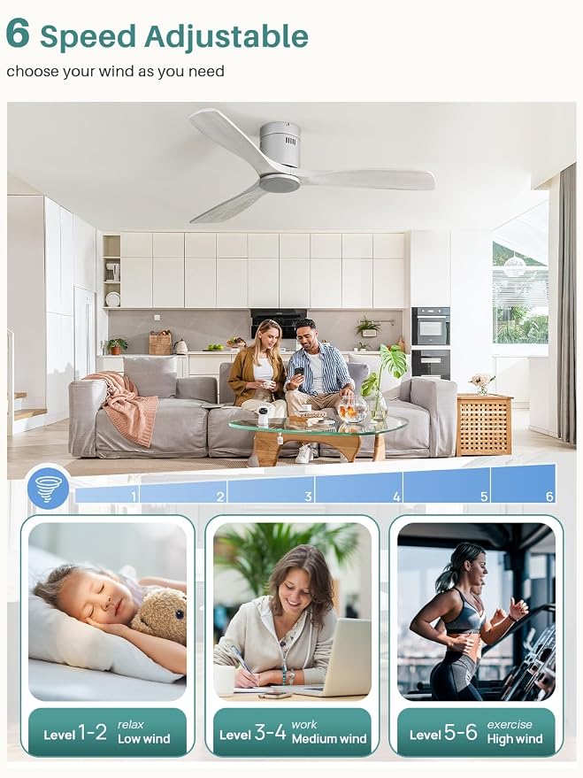 Sofucor 52 Inch Smart Ceiling Fan Without Lights Flush Mount Solid Wood Ceiling Fan with Alexa/Google Assistant/APP/Remote Control-Modern Outdoor Ceiling Fans No Light for Bedroom/Patio, Silver Grey
