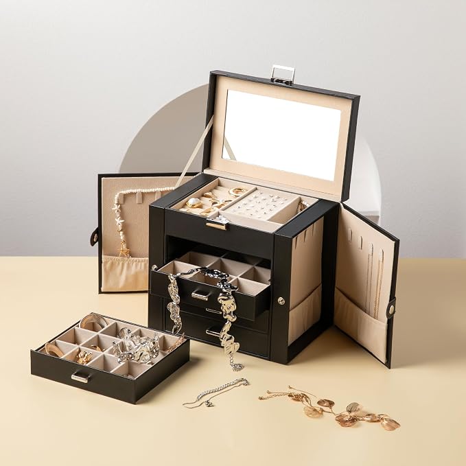 Frebeauty 5-Layer Jewelry Box for Women,Jewelry Organizer with 4 Drawers | Faux Leather,Built-in Mirror,Spacious Jewelry Storage,16 Necklace Hooks,Organizing by Category for Rings Earrings Bracelet