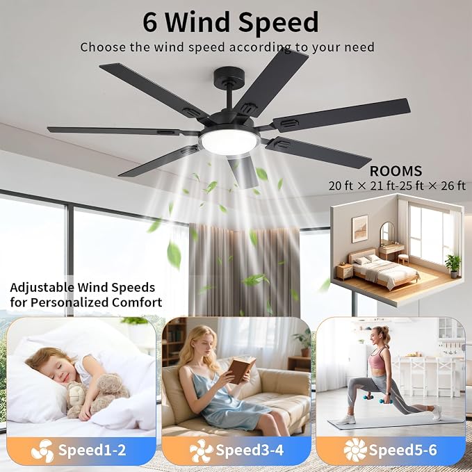64 Inch Ceiling Fans with Lights and Remote,Living Room Office Library Cafe Outdoor, 5CCT Dimmable, Dual Color 7 Blades, 6 Speed Reversible Quiet DC Motor, Dual-Layer Shade, Black/Wood Grain