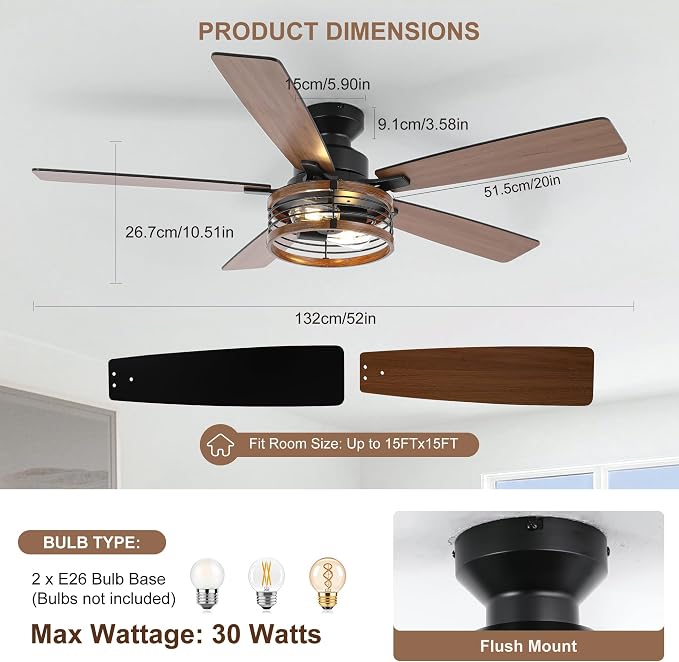 Qcyuui 52" Ceiling Fans with Lights and Remote Farmhouse Ceiling Fan with Light, 6-Speed Reversible DC Motor, Dual Finish 5 Blades, Rustic Caged Ceiling Fan for Bedroom Living Room,Black Walnut