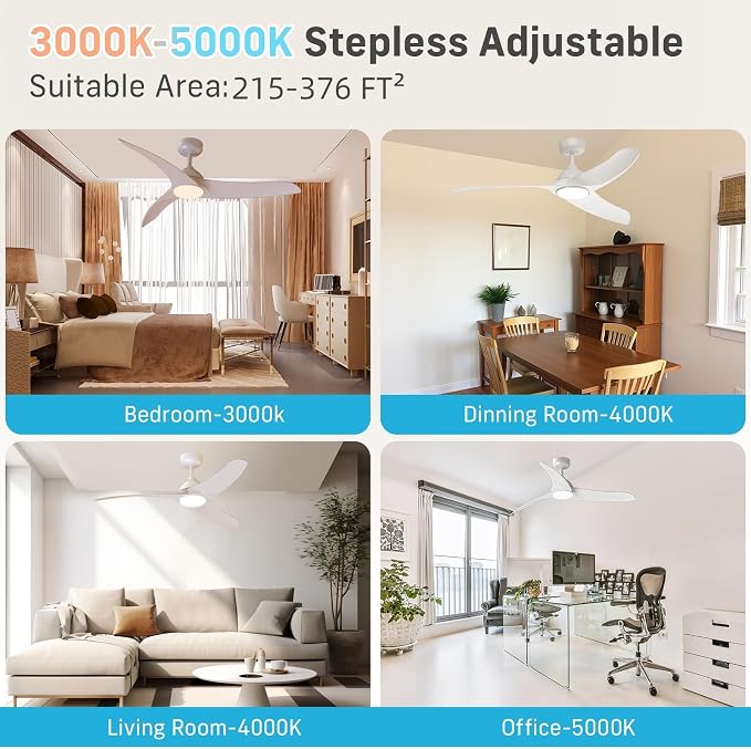 Ceiling Fans with Lights, 56 inch Low Profile Ceiling Fan with Light and Remote Control, Flush Mount, 3CCT, Dimmable, Quiet Reversible Motor, White Ceiling Fan for Bedroom Indoor/Outdoor Use