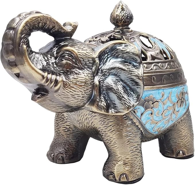 Hourwof Metal Elephant Incense Holder,Vintage Cone Coil Incense Burner with Lid,Ash Catcher,Aromatherapy Ornament Home Office Decor (Light Blue)