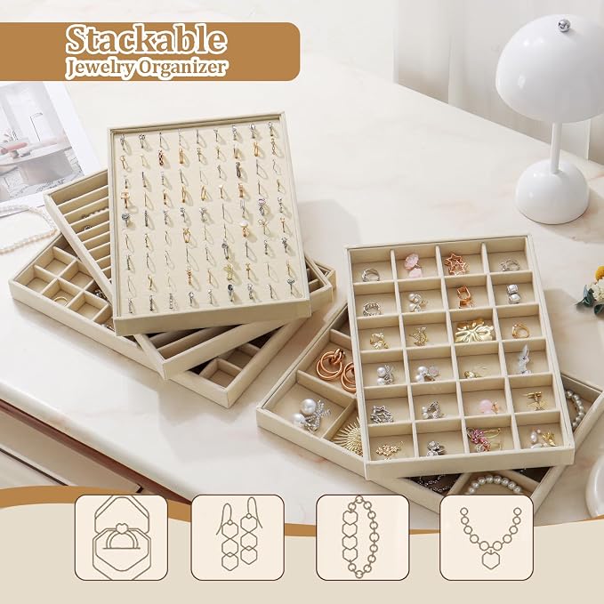 Large Velvet Jewelry Tray Display Drawer Inserts 2 Pack | Stackable Jewelry Organizer for Earring Bracelet Necklace Ring (Beige, 48 Grids)