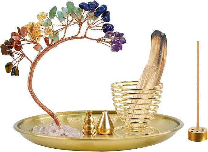 5 in 1 Incense Burner, 7 Chakra Crystal Tree Incense Holder Palo Santo Holder Sage Burner for Incense Sticks Brass Ash Catcher for Yoga Meditation Home Decor