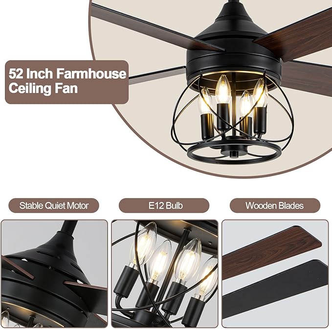 52 Inch Farmhouse Ceiling Fan with Light and Remote Industrial Ceiling Fan Quiet and Reversible DC Motor Rustic Caged Chandelier Fan for Living Room Bedroom Patio (Caged Frame)