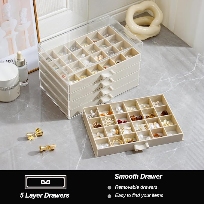 YUFONG Earring Storage Box Organizer, Acrylic Jewelry Storage Box Holder 5 Drawers Transparent Jewelry Display Stand with 120 Small Compartments Gift Boxes for Women Girls (Beige)