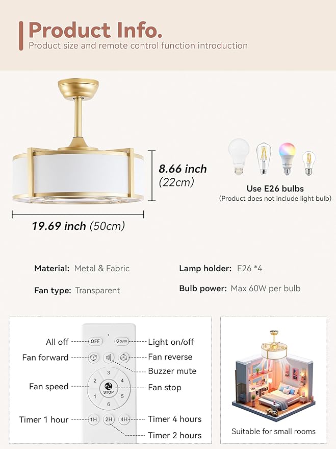 20" Gold Fandelier Ceiling Fans with Lights, Boho Rattan Ceiling Fan with Light Remote Control, Caged Mid-Century Modern with 6 Speeds for Bedroom, Nursery, Living Room