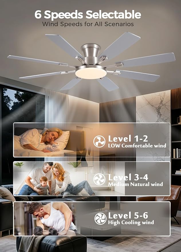 JSAITEE 60Inch Ceiling Fan with Lights Large Low Profile Flush Mount Nickel | Ceiling Fans,DC Reversible Motor Noiseless, 3CCT Dimmable, Dual Finish, 6 Speeds Ceiling Fan for Indoor/Outdoor,Nickel