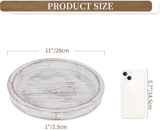 Hanobe Candle Plate Holder Tray: Round Wood Decorative Candle Plate - Rustic Farmhouse CoffeeTable Decor - Tealight Pillar Trays for Home Decor (White Rustic)