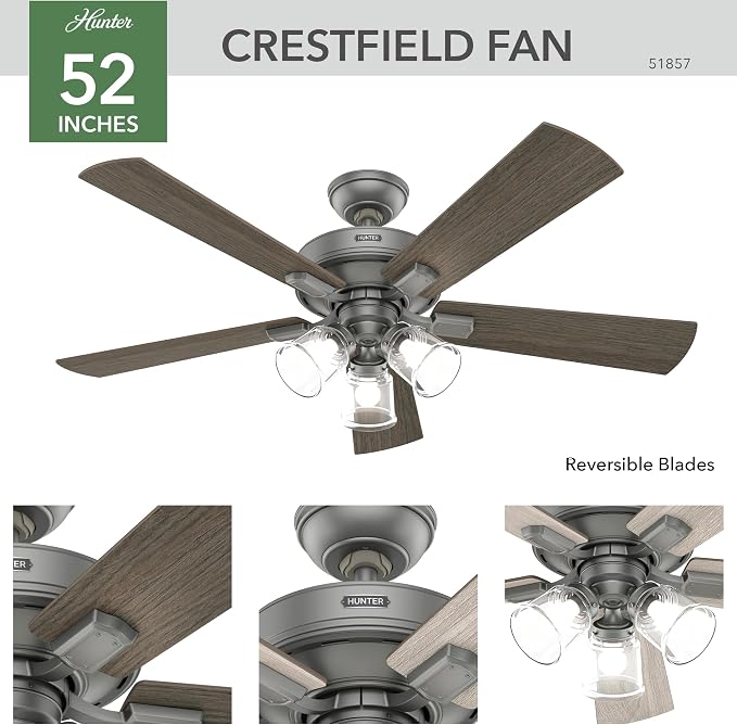 Hunter Fan Company 51857 Crestfield Ceiling-Fans, Matte Silver, AAA | with LED Lights and Remote Control, Standard Mount, For Bedroom, Living Room, Kitchen, 3 inch Downrod, 51857