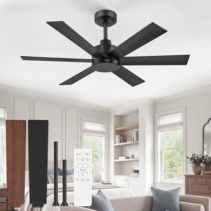 ZMISHIBO 42 Inch Black Ceiling Fan Without Light, Bedroom Ceiling Fan No Light, 6 Blades, Quiet Reversible DC Motor, 6-Speeds, Small Ceiling Fan for Bedroom, Living Room, Patio, Indoor/Outdoor Use