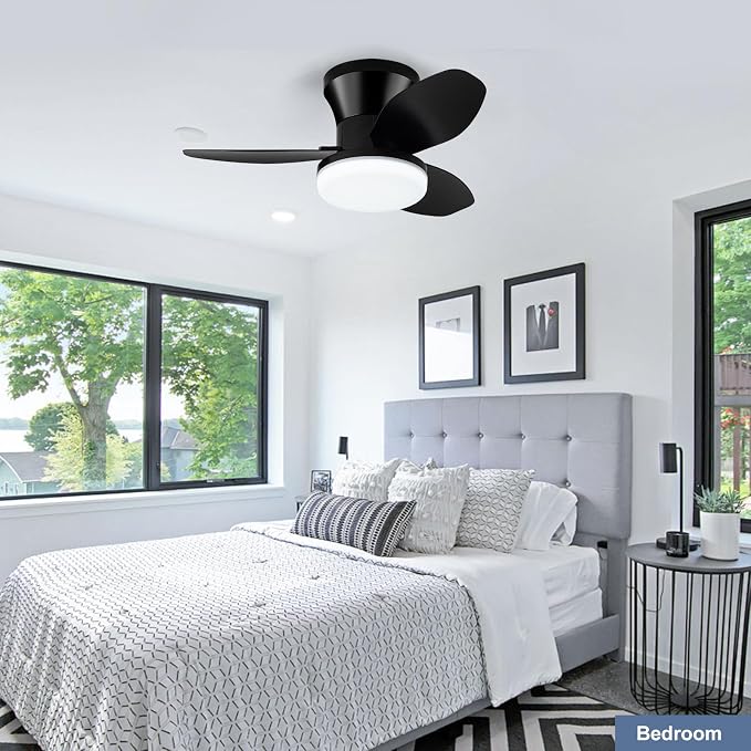 Small Ceiling Fan with Light - 26 Inch Flush Mount Ceiling Fan with Lights and Remote, Low Profile Ceiling Fans with 3 Reversible Blades, 6 Wind Speeds, Black Ceiling Fans for Bedroom