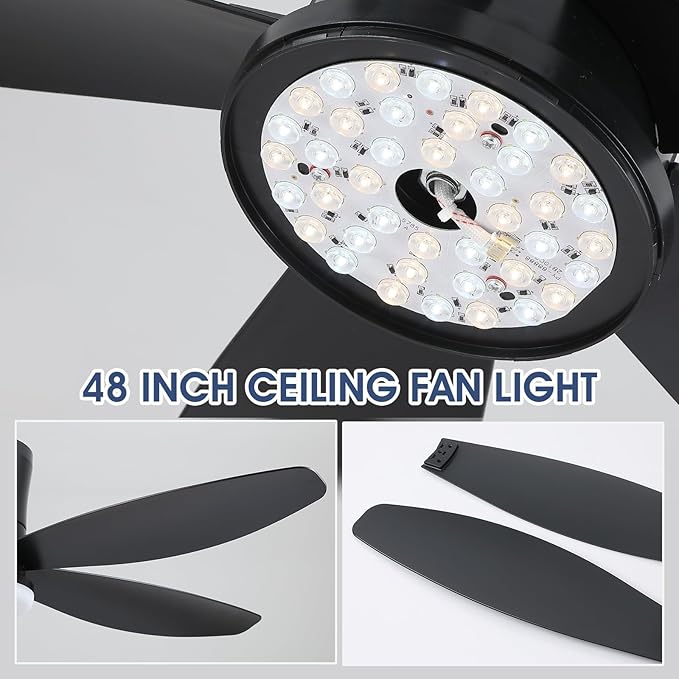 Surtime 48" Ceiling Fans with Lights-Low Profile Ceiling Fan with Light and Remote/APP Control, Black Flush Mount Ceiling Fans,DC Reversible,LED Dimmable