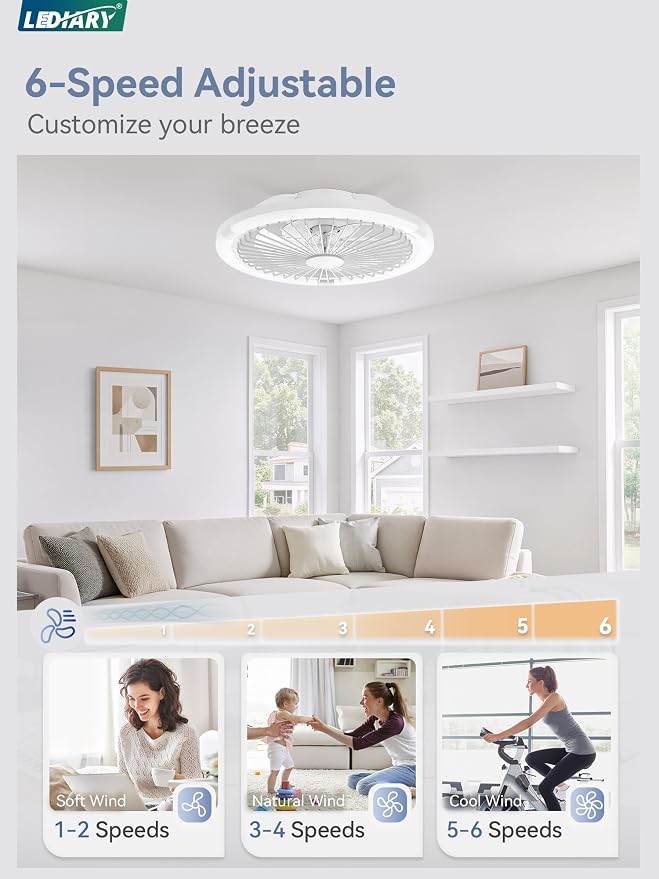 LEDIARY 20" Bladeless Ceiling Fan with Light,Low Profile LED Ceiling Fans with Remote & Smart APP Control, Modern Enclosed Flush Mount Fandelier, 3000-6000K,Bedroom,Kids Room-White RGB