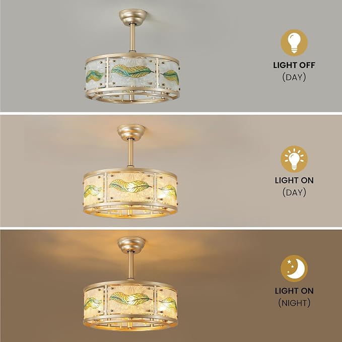 AIJIASI Gold Fandelier Ceiling Fans with Lights, 20" Caged Ceiling Fan with Light and Remote Control, Chandelier Ceiling Fan Low Profile with 6 Speeds for Bedroom, Living Room, Nursery