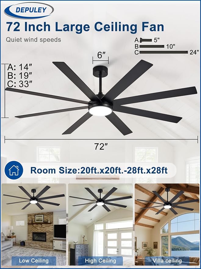 Depuley 72" Ceiling Fans with Lights: Black Indoor/Outdoor Ceiling Fan for Patios Living Room - 8 Blades Dimmable Large Ceiling Fans with Remote APP Control Timer Reversible Quiet DC Motor 6 Speeds