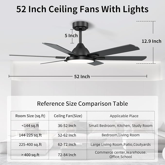 52 Inch Ceiling Fans with Lights, 6 Wooden Blades, Black | Remote Control, Reversible Quiet DC Motor, 6-Speed, 3CCT Dimmable LED, Timer for Living Room, Bedroom, Office