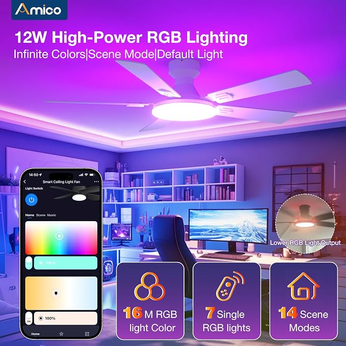 Amico Ceiling Fans with Lights, 52'' Smart RGB Ceiling Fan with Remote/APP/Alexa Control, Flush Mount, Reversible DC Motor, 5 Blades, 6 Speeds, 3CCT, Dimmable, Noiseless, Bedroom, Living Room, White