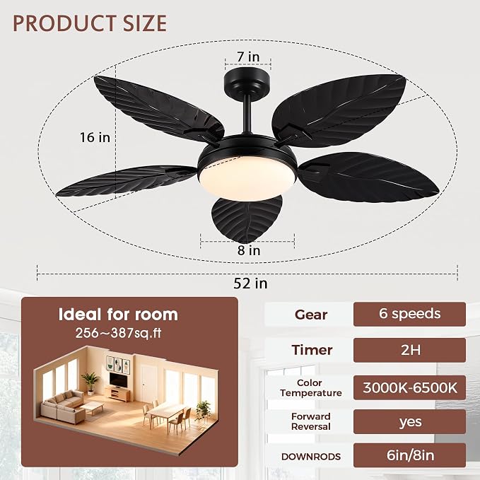 GJeg Tropical Ceiling Fans with Lights and Remote,52Inch Outdoor Palm Leaf Ceiling Fan for Patios Porch Bedroom, Dimmable LED Light, 6 Speeds, Reversible,Black