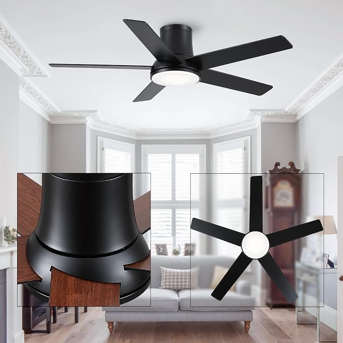 52 Inch Pro Black Flush Mount Ceiling Fans with Lights and Remote | 3CCT Dimmable LED, 6 Speed, Quiet DC Motor, 3-Level Timer Function, Forward/Reserve For all Seasons, Indoor/Covered Outdoor