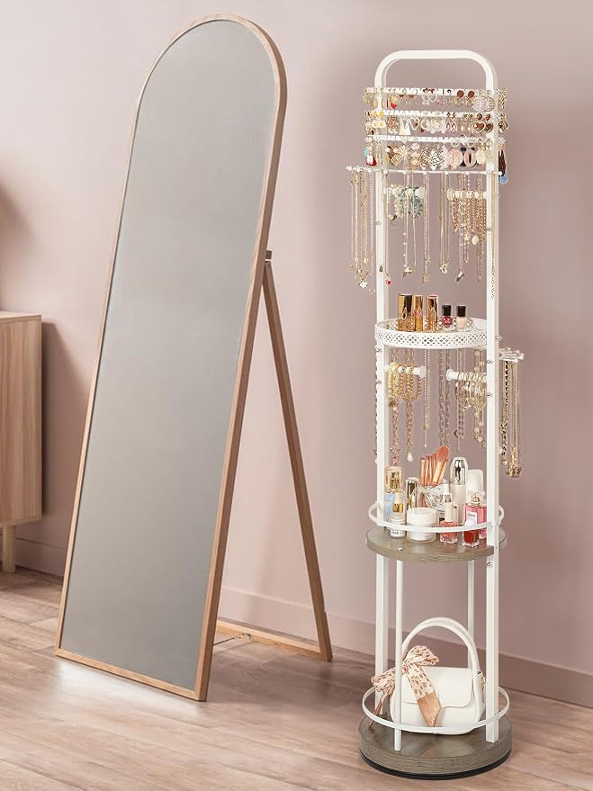 Jewelry Holder Organizer, Floor Jewelry Organizer with Earring Organizer Necklace Holder, Rotating Jewelry Stand Necklace Display Earring Storage, Large Hanging Jewelry Tree for Jewlery Bracelet Ring