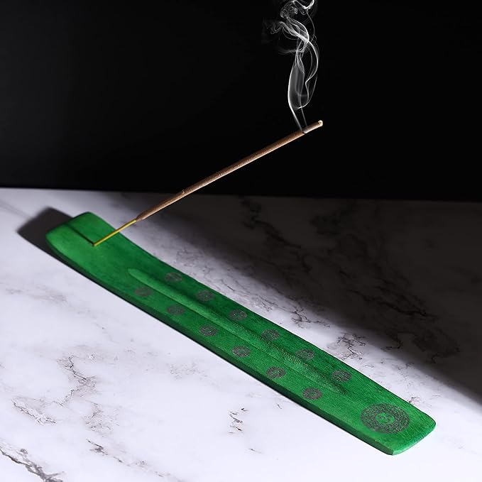 Bless-International Traditional-Handmade-Burner Wooden-Incense-Stick-Holder Ash-Catcher-Stand for-Aromatherapy-Meditation-Yoga (Earth Green) 10 Inches, Pack of 1