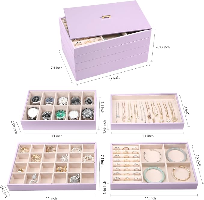 Voova Stackable Jewelry Organizer Tray with Lid, PU Leather Jewelry Storage Holder for Drawer Inserts, Jewellery Display Box Case for Earring Necklace Ring Watch Bracelet (Set of 4, Lavender)