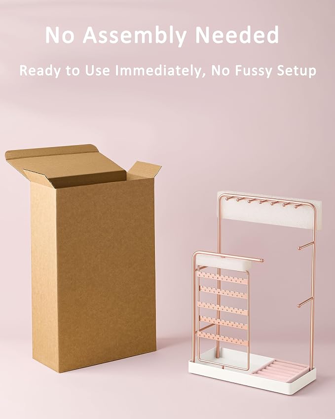 ProCase Jewelry Stand Holder Organizer and Storage, Rosegold (No-Assembly) | Rotating Earring Bracelet Holder Storage, Hanging Jewelry Display Velvet Ring Tray, Teen Girls Birthday Gifts Room Dorm Decor