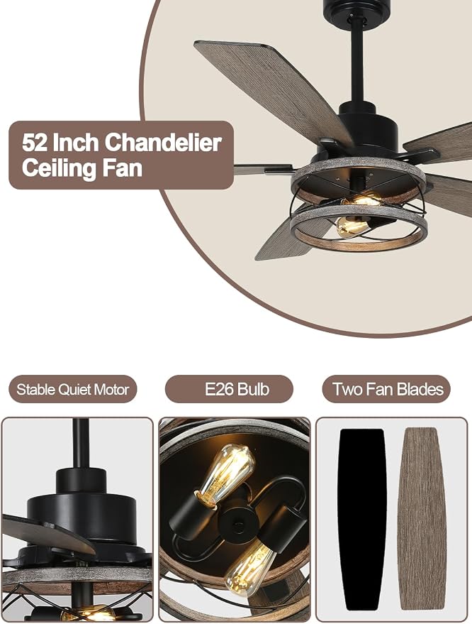52 Inch Farmhouse Ceiling Fan with Light and Remote Rustic Ceiling Fan Quiet and Reversible DC Motor Industrial Drum Chandelier Fan for Living Room Bedroom Patio