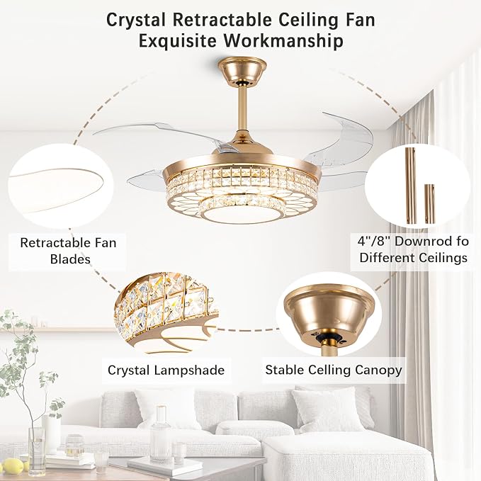 42" Retractable Ceiling Fans with Lights, Crystal Chandelier Ceiling Fan with Remote & APP Control, Modern Dimmable LED Fandelier for Living Room, Dinning Room, Bedroom (Gold)