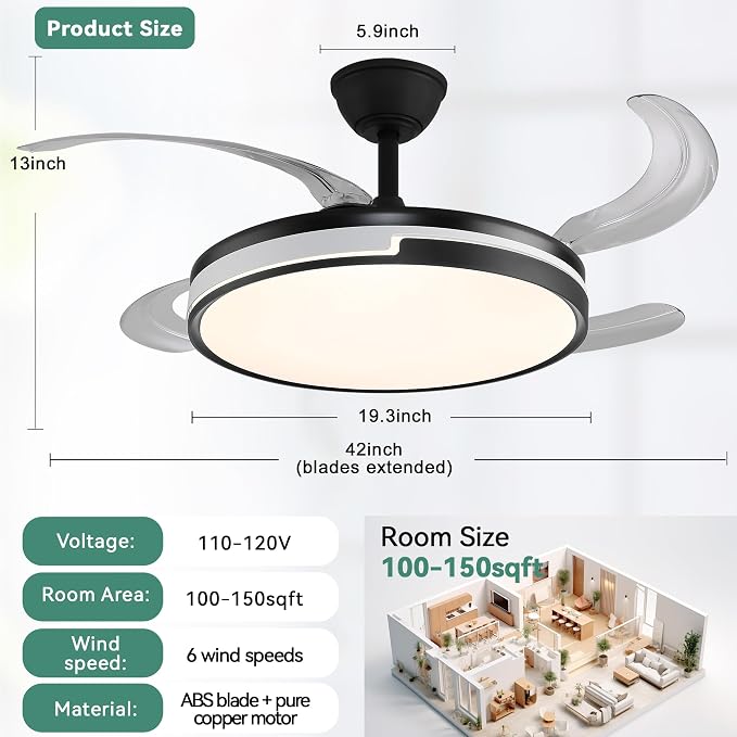 Retractable Ceiling Fans with Lights and Remote, 42'' Black and White Modern Fandelier Ceiling Fans Dimmable LED, Energy Efficient, Memory Function,Timer Setting Fan for Living Room Bedroom