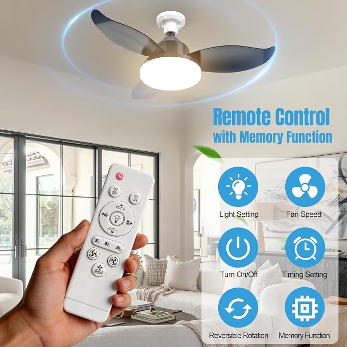 25" Socket Fan Light, Flower Shape 3000 Lumens Small Ceiling Fans with Lights and Remote, E26/E27 Light Bulb Fan with Reversible Motor, Dimmable 3000K-6500K for Bedroom Hallway Garage