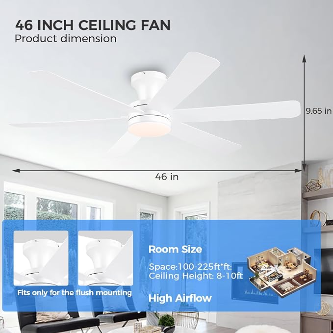 GJeg Ceiling Fans with Lights,46" Low Profile Ceiling Fan with Light and Remote Control,Flush Mount, Reversible, Dimmable, Noiseless, White Ceiling Fan for Bedroom