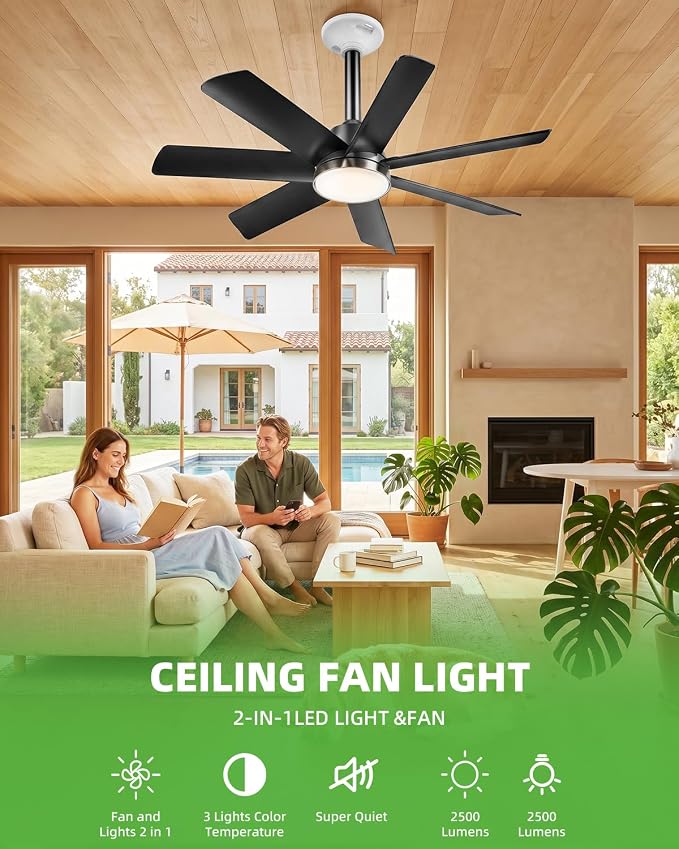 28 Inch Socket Fan Light with Remote Control, Screw in E26/E27 Ceiling Fan with LED Light, 3000-6000K Dimmable Color Temp, 6 Speeds, Timer, for Bedroom Kitchen Living Room Garage, 2-Black