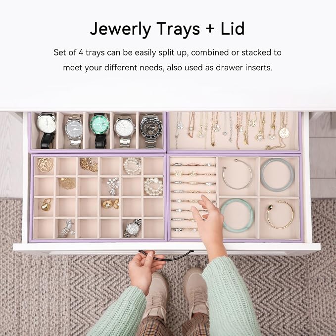 Voova Stackable Jewelry Organizer Tray with Lid, PU Leather Jewelry Storage Holder for Drawer Inserts, Jewellery Display Box Case for Earring Necklace Ring Watch Bracelet (Set of 4, Lavender)
