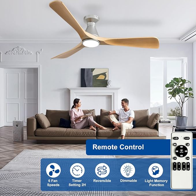 Depuley 52-Inch Ceiling Fans with Lights: Wood 3 Blade Flush Mount Low Profile Ceiling Fan for Bedroom - Dimmable Indoor Outdoor Fan with Remote Control Ultra Quiet DC Motor Timer