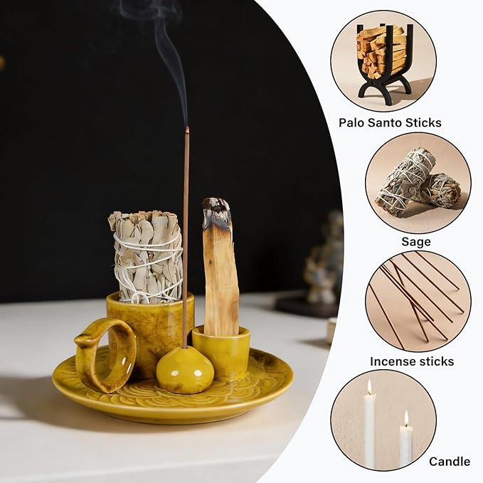 Tnstbiee 4-Inch 5-in-1 Yellow Ceramic Incense Holder | Multi-Use Smudge Tray for Palo Santo, Sage, Incense Sticks & Cones | Ideal for Candles & Meditation | Zen Altar for Yoga & Aromatherapy
