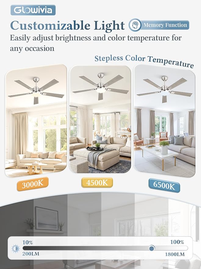 52 Inch Ceiling Fans with Lights and Remote&APP Control, Brushed Nickel Smart Ceiling Fan with 3000-6000K Dimmable, 6 Speeds Reversible, Indoor/Outdoor Ceiling Fan for Bedroom Living Room