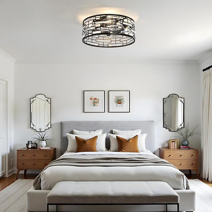 Crystal Caged Ceiling Fans Lights: 18.9'' Flush Mount Fandelier Farmhouse with Remote, 6 Speeds, Black Industrial Chandelier Low Profile Ventilador de Techo for Bedroom Kitchen Living Dining Room