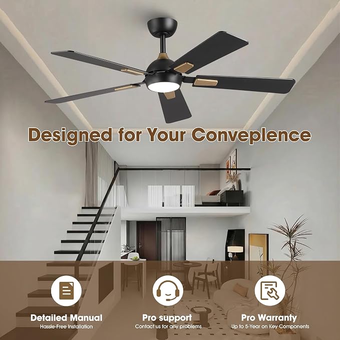 52 Inch Ceiling Fan with Lights and Remote, DC Motor Quiet 6-Speed Reversible Fan, Dimmable LED 3000K/4000K/6000K, Smart APP Control, Modern Black & Gold Ceiling Fan for Bedroom Living Room
