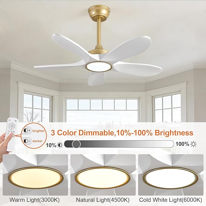 36 Inch White and Gold Ceiling Fans with Lights and Remote Control, Modern 3 Blade Wood Ceiling Fan, Small Outdoor Ceiling Fan with Light for Patio Farmhouse, Quiet DC Motor, Dimmable LED Light