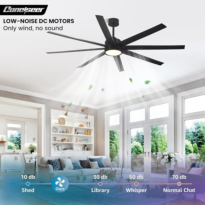 Modern Ceiling Fans with Lights, 72 Inch Ceiling Fan with Light and Remote, Bedroom Living Room Library Cafe Outdoor/Industrial,24W 6CCT Dimmable, 8 Blades 6 Speed Reversible Quiet DC Motor, Black