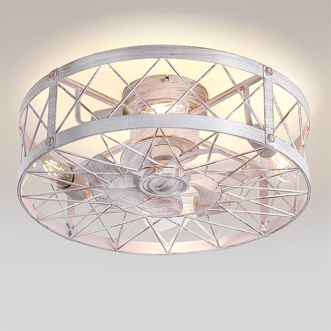 24" Flush Mount White Caged Ceiling Fans with Lights, Rustic Low Profile Ceiling Fan with Light and Remote, Quiet Reversible DC Motor Bladeless Enclosed Ceiling Fan for Bedroom Kitchen Farmhouse