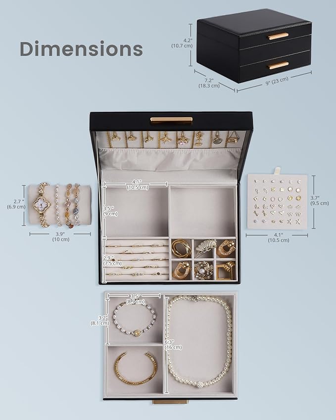 Lolalet 2-Layer Jewelry Box Organizer Holder for Women Girls Mom -Black | Jewelry Storage Case with Drawers for Necklaces Ring Earrings Bracelet Watch, Gifts Choice for Mom Mother’s Day