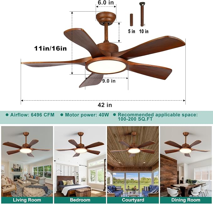 Wood Ceiling Fan with Lights and Remote Control 5 Solid Wooden Blades 42 Inch Modern Farmhouse Outdoor Ceiling Fan Light for Patios Living Room FCC Reversible DC Motor