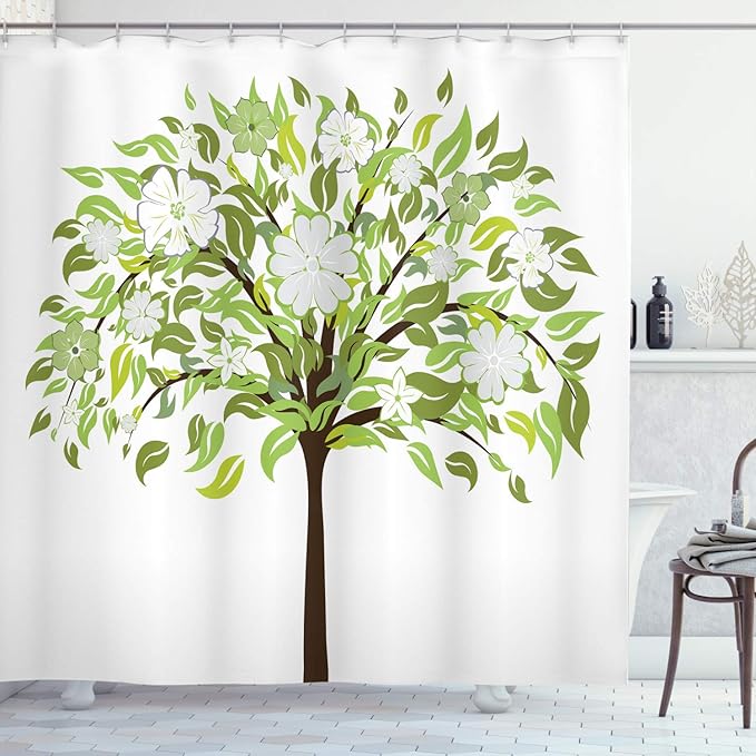 Ambesonne Nature Shower Curtain, Summer Tree with Flourishing Flowers Spring Blossoms Seasonal Print, Cloth Fabric Bathroom Decor Set with Hooks, 69" W x 84" L, Green Brown White