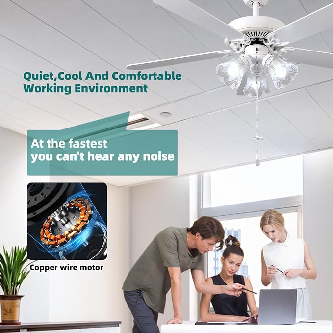52 Inch Indoor Ceiling Fan with Pull-Chain and LED Light Bulbs Base, Traditional 3-Speeds Reversible Blades Ceiling Fan (White)