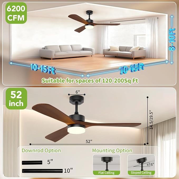 Ceiling Fans with Lights, Solid Wood Blade, 45 W Reversible DC Motor <20 dB Ultra-Quiet for Home Living, 3 CCT, 6 Speeds, 6200 CFM, 52 Inch Suitable for Indoor and Outdoor