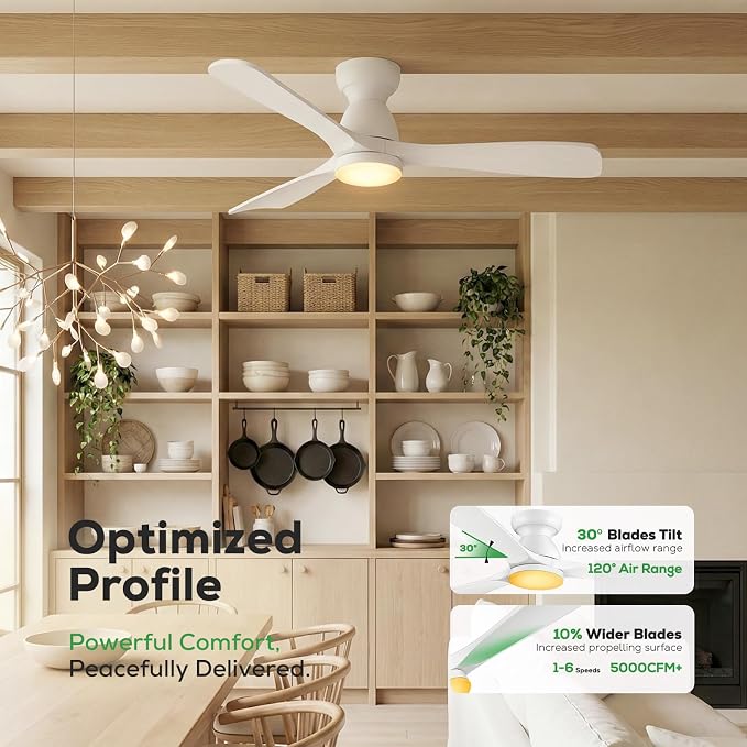 60 inch Smart White Flush Mount Ceiling Fans with Lights,Outdoor Low Profile Ceiling Fan Quiet DC Motor,Work with Alexa/Gg Voice Control/App/Remote,Dimmable,6-speed,3 Wood blades Fan for Patio,Porch